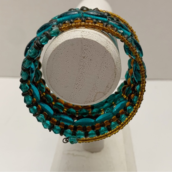 Turquoise teal amber brown glass beaded boho bohemian memory wire bracelet - Picture 3 of 8